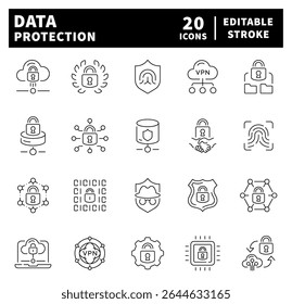 Data protection vector icons. Thin line icons set related to Data protection, privacy and security