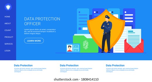 Data Protection Vector Illustration. Cartoon Cyber Security Guard, Officer Character Standing With Protective Shield For Protect Digital Database, Cloud Storage Of Personal Data Files And Documents