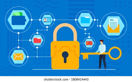 Ilustración vectorial de protección de datos. Caricatura de base de datos plana que protege el concepto con minúscula clave de retención de caracteres del bloqueo para contraseña de cuenta bancaria, correo electrónico, cartera electrónica, archivos de documentos fondo
