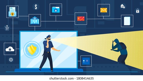 Data Protection Vector Illustration. Cartoon Flat Police Officer Or Security Guard Protecting, Looking For Cyber Thief Of Personal Information, Account Password, Cybercrime Protect Concept Background