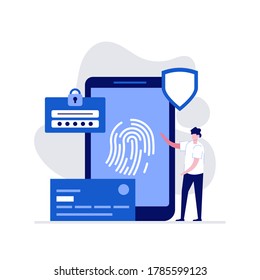 Data protection vector illustration concept with characters and fingerprint. Modern flat style for landing page, mobile app, poster, flyer, template, web banner, infographics, hero images.