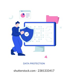 Concepto de ilustración vectorial de protección de datos con caracteres. Seguridad de datos, control de acceso protegido, protección de datos de privacidad. Estilo plano moderno para página de inicio, banner web, infografías, imágenes de héroes