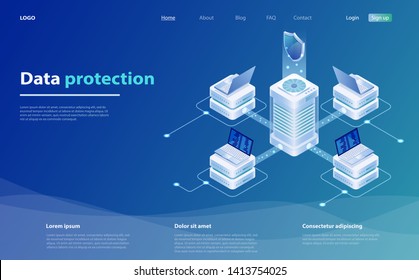 Ilustración vectorial de protección de datos con portátil y escudo. Seguridad y protección de datos confidenciales. En línea sirve el concepto de sistema de protección. Ilustración vectorial isométrica de seguridad de datos de red.