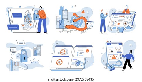 Data protection. Vector illustration. Safety measures are implemented to safeguard digital assets Banners raise awareness about importance datprotection Systems and software are designed to enhance