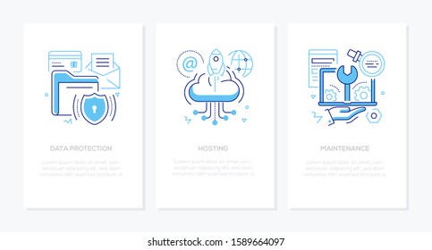 Data Protection - Vector Line Design Style Banners Set With Place For Text. Safe Information, Hosting, Maintenance Ideas. Linear Illustrations With Icons. Images Of Folders, Cloud Storage, Laptop