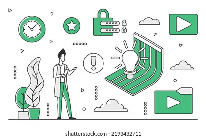 Seguridad de vídeo de protección de datos. Seguridad de bases de datos digitales, prevención de ataques cibernéticos, ilustración monocolor vectorial