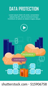 Data protection video web banner in flat style. Internet security. Servers, cloud services, media and social networks icons.  Illustration for video presentation or corporate ad animation clip 