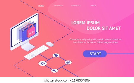 Data Protection web banner concept. isometric computer with lock and password key on screen. web landing for your website or mobile. vpn. privacy protection. vector illustration. 