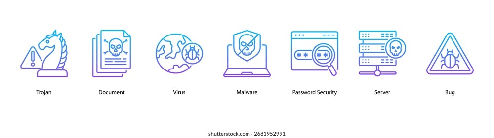 Data Protection web banner icon vector illustration featuring Trojan, Document, Virus, Malware, Password Security, Server, and Bug.