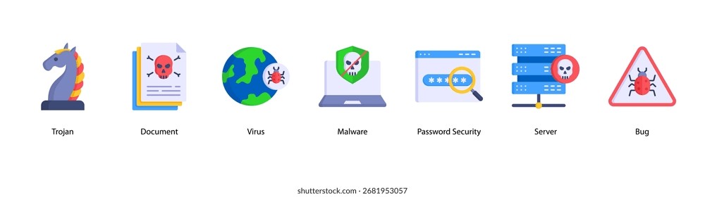Data Protection web banner icon vector illustration featuring Trojan, Document, Virus, Malware, Password Security, Server, and Bug.