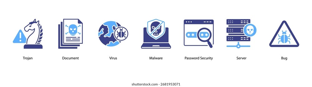 Data Protection-Webbanner-Vektorgrafik mit Vektorgrafiken zu Trojanern, Dokumenten, Viren, Malware, Kennwortsicherheit, Servern und Fehlern.