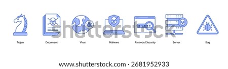 Data Protection web banner icon vector illustration featuring Trojan, Document, Virus, Malware, Password Security, Server, and Bug.