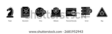 Data Protection web banner icon vector illustration featuring Trojan, Document, Virus, Malware, Password Security, Server, and Bug.