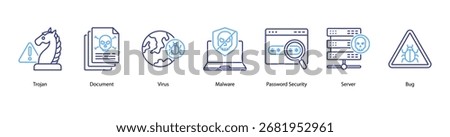 Data Protection web banner icon vector illustration featuring Trojan, Document, Virus, Malware, Password Security, Server, and Bug.