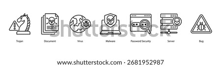 Data Protection web banner icon vector illustration featuring Trojan, Document, Virus, Malware, Password Security, Server, and Bug.