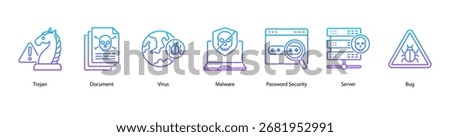 Data Protection web banner icon vector illustration featuring Trojan, Document, Virus, Malware, Password Security, Server, and Bug.