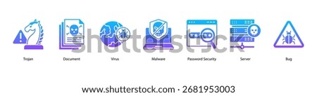 Data Protection web banner icon vector illustration featuring Trojan, Document, Virus, Malware, Password Security, Server, and Bug.