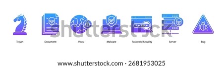 Data Protection web banner icon vector illustration featuring Trojan, Document, Virus, Malware, Password Security, Server, and Bug.
