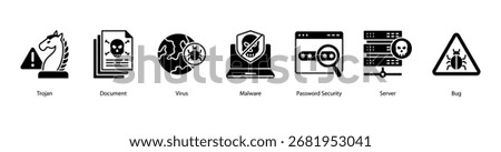 Data Protection web banner icon vector illustration featuring Trojan, Document, Virus, Malware, Password Security, Server, and Bug.