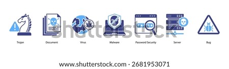 Data Protection web banner icon vector illustration featuring Trojan, Document, Virus, Malware, Password Security, Server, and Bug.