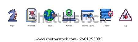 Data Protection web banner icon vector illustration featuring Trojan, Document, Virus, Malware, Password Security, Server, and Bug.