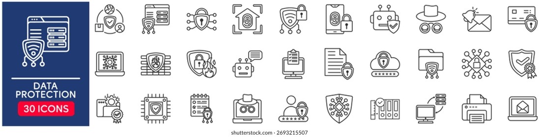 Data protection Web Icon Set in Line Style. vector illustration concept relate to protect, protection, design, key, icon, phone, computer, mobile, laptop, cyberspace