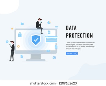 Data protection web page poster vector illustration. People at monitor of pc using gadgets. Internet security and modern technologies payment safety information GDPR concept. Place for text