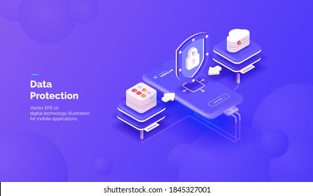 Data protection web service. Data protection service for a mobile application. Protection of data transfer from a mobile application to a cloud server. Vector illustration isometric style.