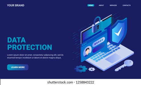 Data protection website concept. Online security concept. Laptop protected with shield and lock, personal password enter, gears and key. Isometric vector illustration for landing page.