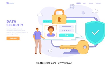 Data protection website concept. Online security concept. Laptop protected with shield and lock, personal password enter, gears and key. Isometric vector illustration for landing page.