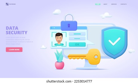 Data protection website concept. Online security concept. Laptop protected with shield and lock, personal password enter, gears and key. 3d vector illustration for landing page.