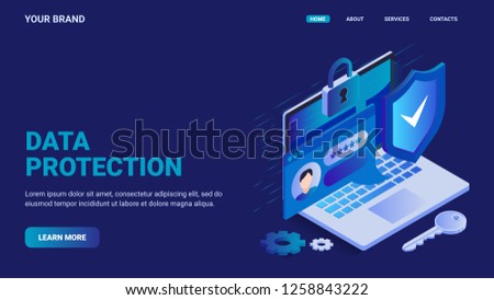 Data protection website concept. Online security concept. Laptop protected with shield and lock, personal password enter, gears and key. Isometric vector illustration for landing page.