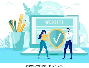 Data Protection for Website and Cyber Security Technology Mechanism Creation. Tiny People with Protective Metaphor Shield. Giant Laptop Screen. Office Stationary. Vector Flat Cartoon Illustration