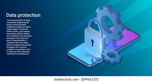 Data protection.Smartphone and shield and lock.Data protection using a hardware application.A business-style poster.Flat vector illustration.