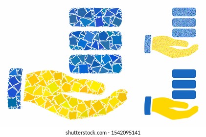 Data provider hand composition of humpy elements in variable sizes and color tints, based on data provider hand icon. Vector abrupt elements are organized into collage.