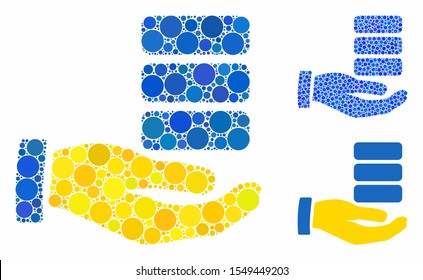 Data provider hand mosaic of circle elements in different sizes and color tones, based on data provider hand icon. Vector circle elements are grouped into blue collage.