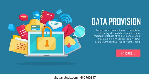 Data provision banner. Networking communication and data icons around laptop on blue background. Data protection, global storage service and online cloud storage, security and privacy, safety, backup