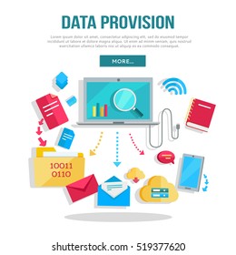 Data provision banner. Networking communication and data icons around laptop on white background. Data protection, global storage service and online cloud storage, security and privacy, safety, backup