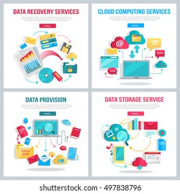 Data Provision, Cloud Computing Services Icons On White Background. Illustration In Flat.