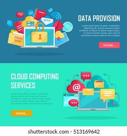 Data provision and cloud computing services banners. Networking communication and data icons near laptop. Data protection, online cloud storage, security, global storage, privacy, online communication