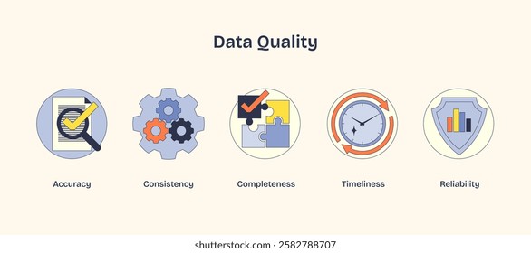 Data quality icons show accuracy, consistency, and reliability using checkmarks, gears, and shields. Neubrutalism style