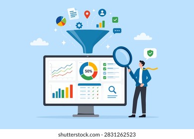 Data quality to process to insight, research or market analysis, verification or validation process on survey data information, businessman validate data t vector