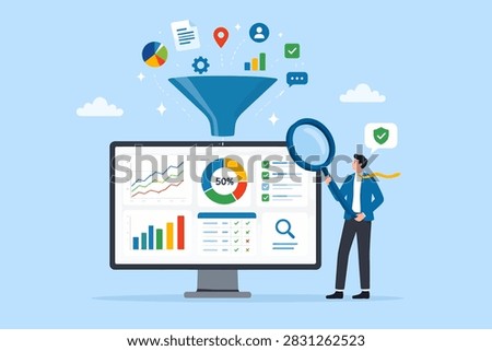 Data quality to process to insight, research or market analysis, verification or validation process on survey data information, businessman validate data t vector