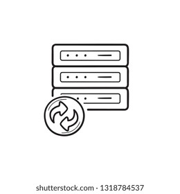 Recuperação de dados com setas mão desenhado ícone de doodle contorno. Conceito de backup de dados, backup de servidor e sincronização de dados. Ilustração de esboço vetorial para impressão, web, móvel e infográficos em fundo branco.