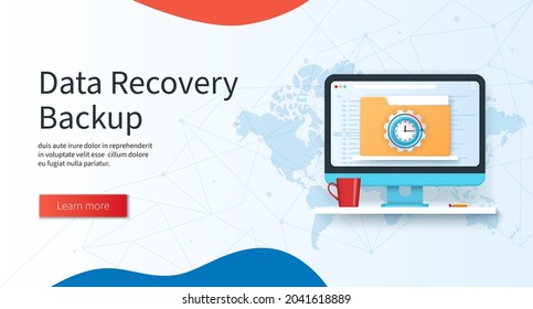 Data recovery backup banner. Computer with folder and data recovery sign on screen. Business concept. Web vector landing page template in 3D style