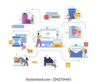 Data recovery and backup flat composition with people restoring files and keeping them safe vector illustration