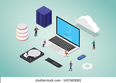 data recovery from bad sector server database with some hardware and tools with team people and modern flat style isometric - vector
