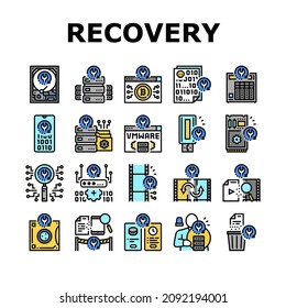 Data Recovery Computer Processing Icons Set Vector. Remote Emergency Data Recovery Hard Drive And Ssd, Smartphone And Password Line. Loss Prevention Services And Software Color Illustrations