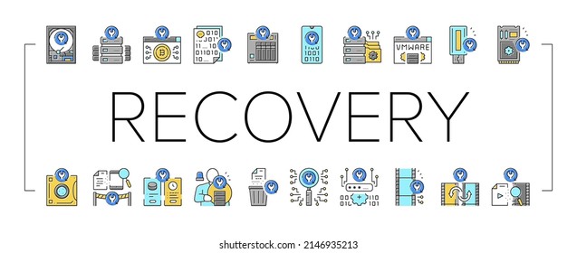 Data Recovery Computer Processing Icons Set Vector. Remote Emergency Data Recovery Hard Drive And Ssd, Smartphone And Password Line. Loss Prevention Services And Software Color Illustrations