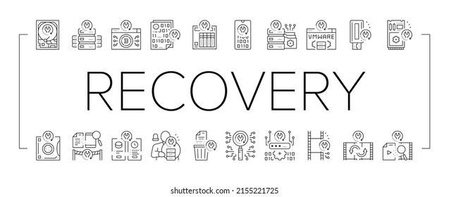 Data Recovery Computer Processing Icons Set Vector. Remote Emergency Data Recovery Hard Drive And Ssd, Smartphone And Password Line. Loss Prevention Services And Software Black Contour Illustrations